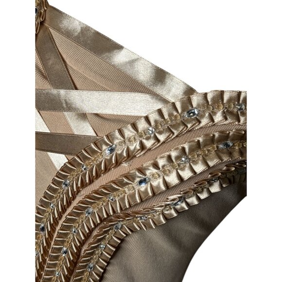 Leo Guy Size M Color Tan Sleeveless evening Top  Intricate Silver Rhine Stone - Picture 8 of 10